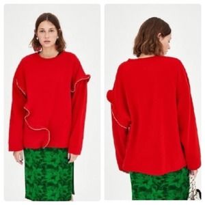 ZARA Sweatshirt Red Oversized Zippers Size S